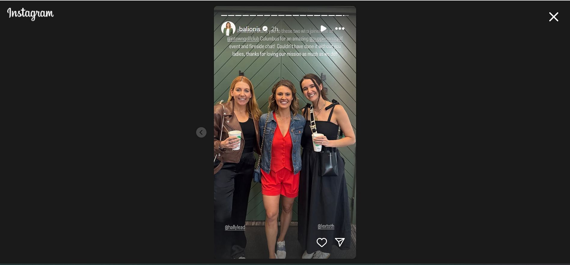 Amanda Balionis appreciates her friends for her NGO meet and greet (Image credit: IG @balionis)